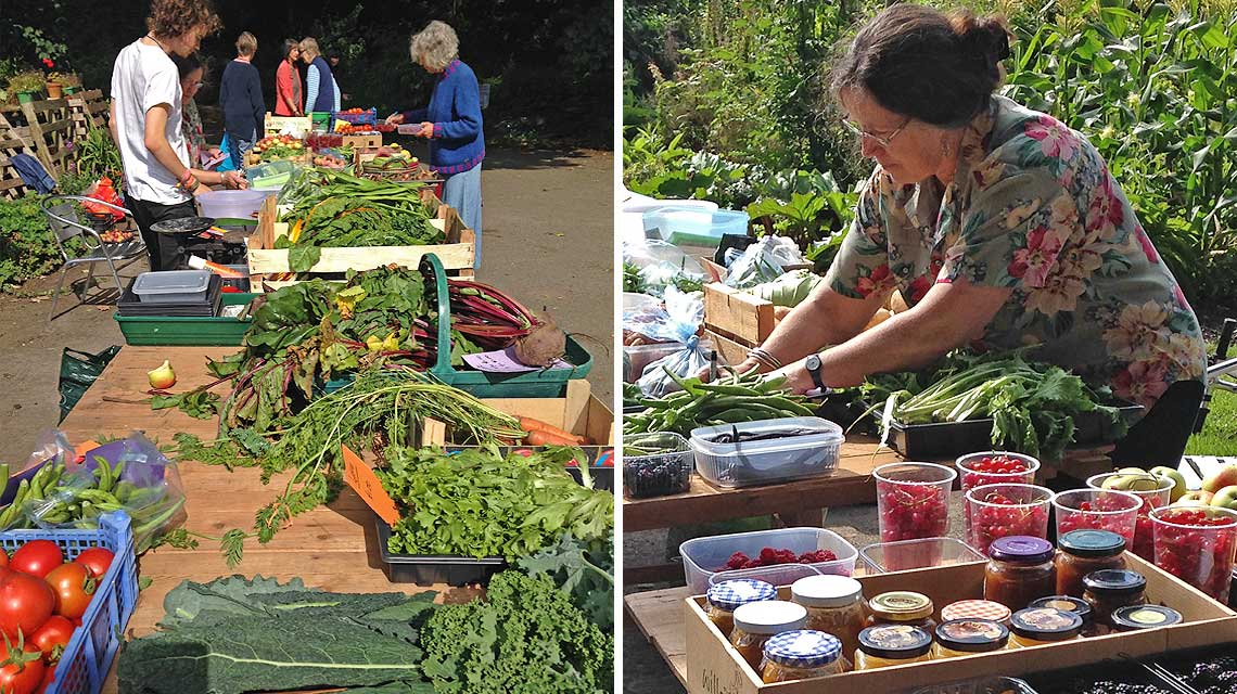 Trestle tables ladened with produce.
