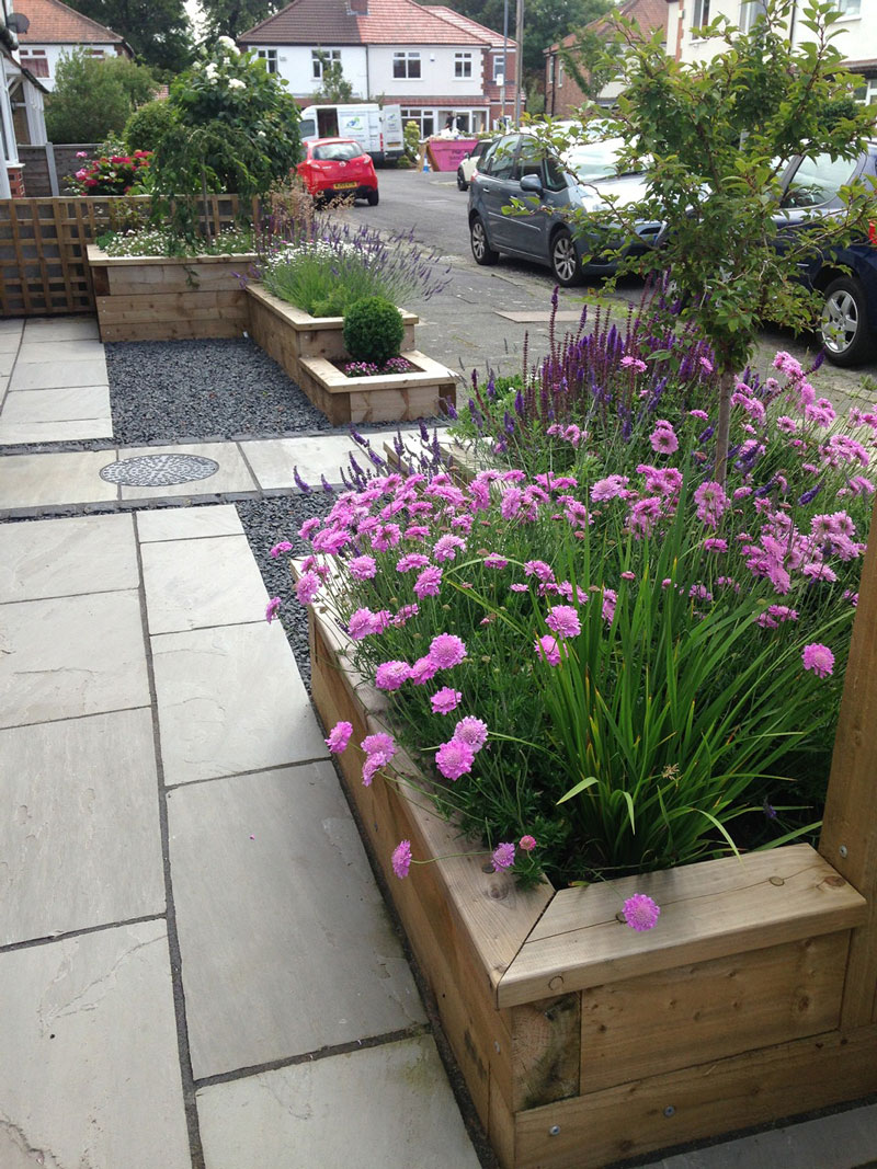 Close up of wooden planters made from sleepers